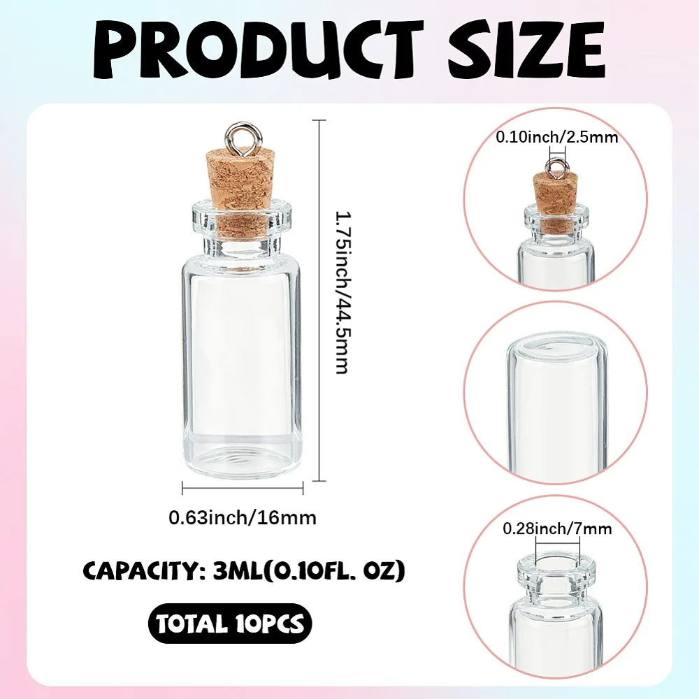 

10Pcs Column Empty Glass Wishing Bottle Pendants with Cork Stopper and Metal Loops Platinum Clear 44.5x16mm Hole: 2.5mm