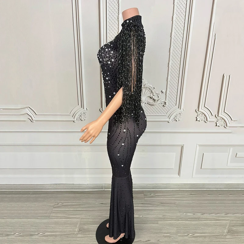 2025 신상 여성 쇼 무대 의상 블랙 프린지 라인스톤 바디수트 가수 공연 의상 나이트클럽 파티 클럽웨어 VDL4974