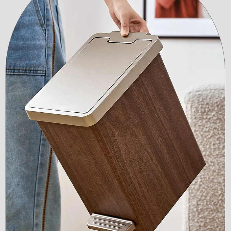 Household High-end Sealed Trash Can with Lid and Double-open Design Kitchen Storage Wooden Grain Trash Can Waste Bins