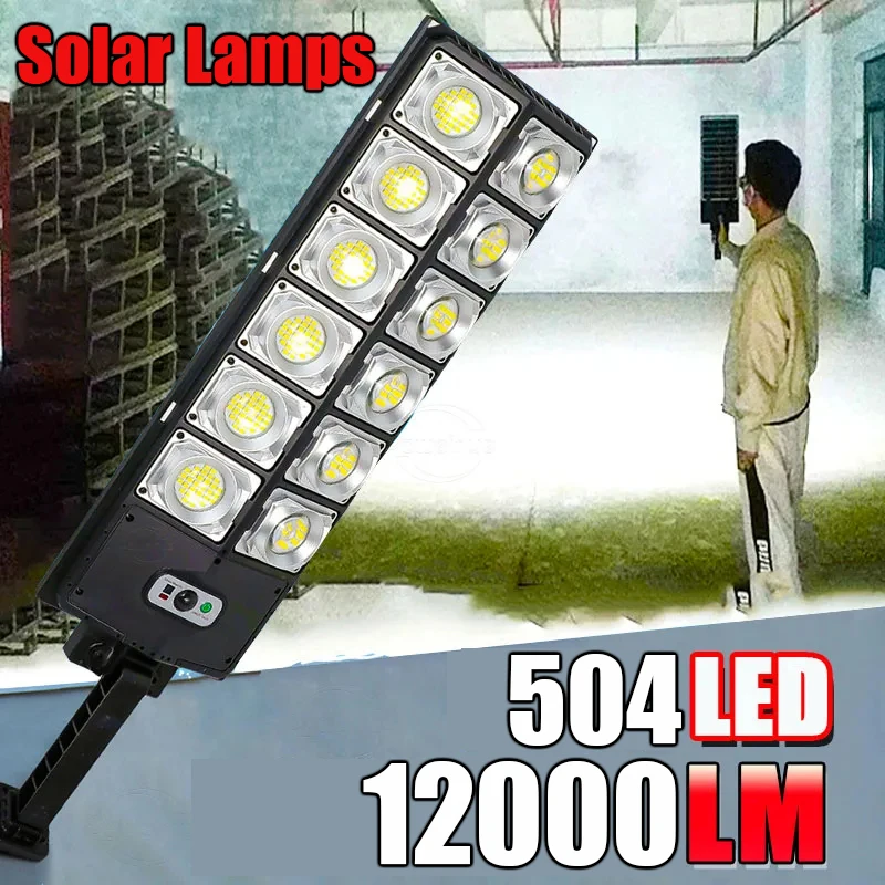 モーションセンサー付きソーラーLEDランプ,屋外照明,リモコン付き外部照明,504led,12000lm