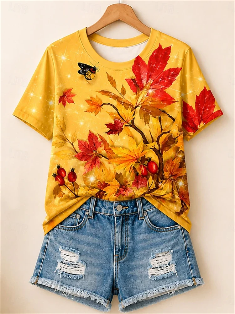 Women's Casual Round-Neck Short-Sleeve T-Shirt Maple Leaf and Butterfly Print T-Shirt Loose-Fitting and Breathable Women's Top