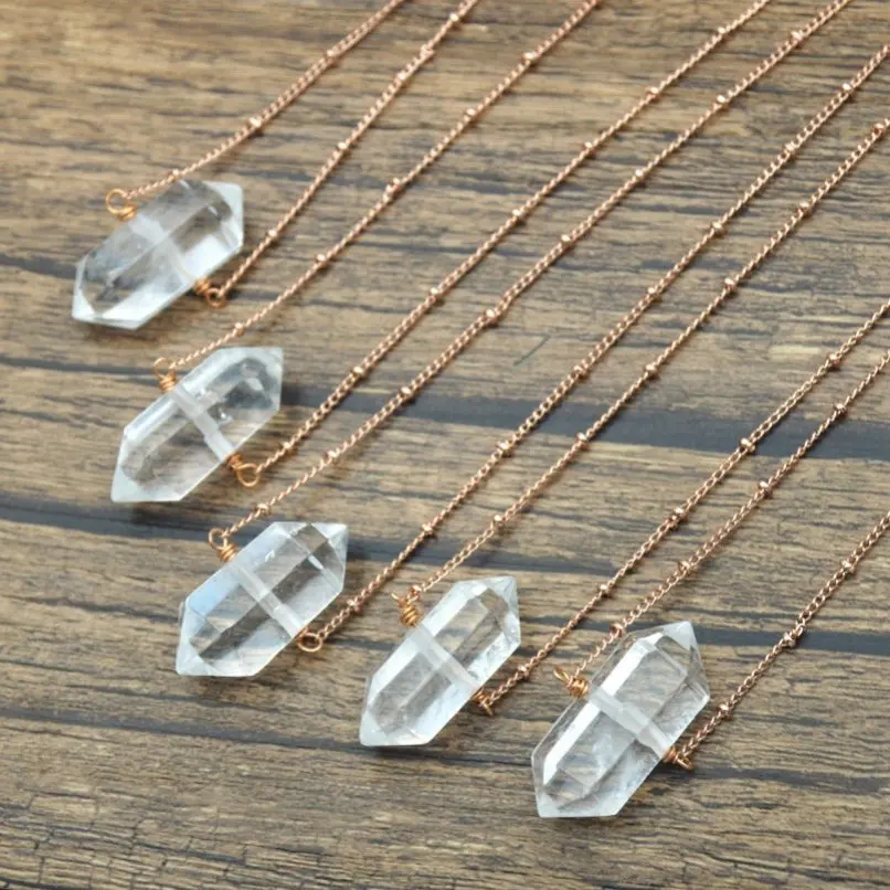 

Minimal Jewelry Clear Quartz Healing Crystal Wand Point Rose Gold Color Satellite Chain Boho Gemstone Layering Necklace