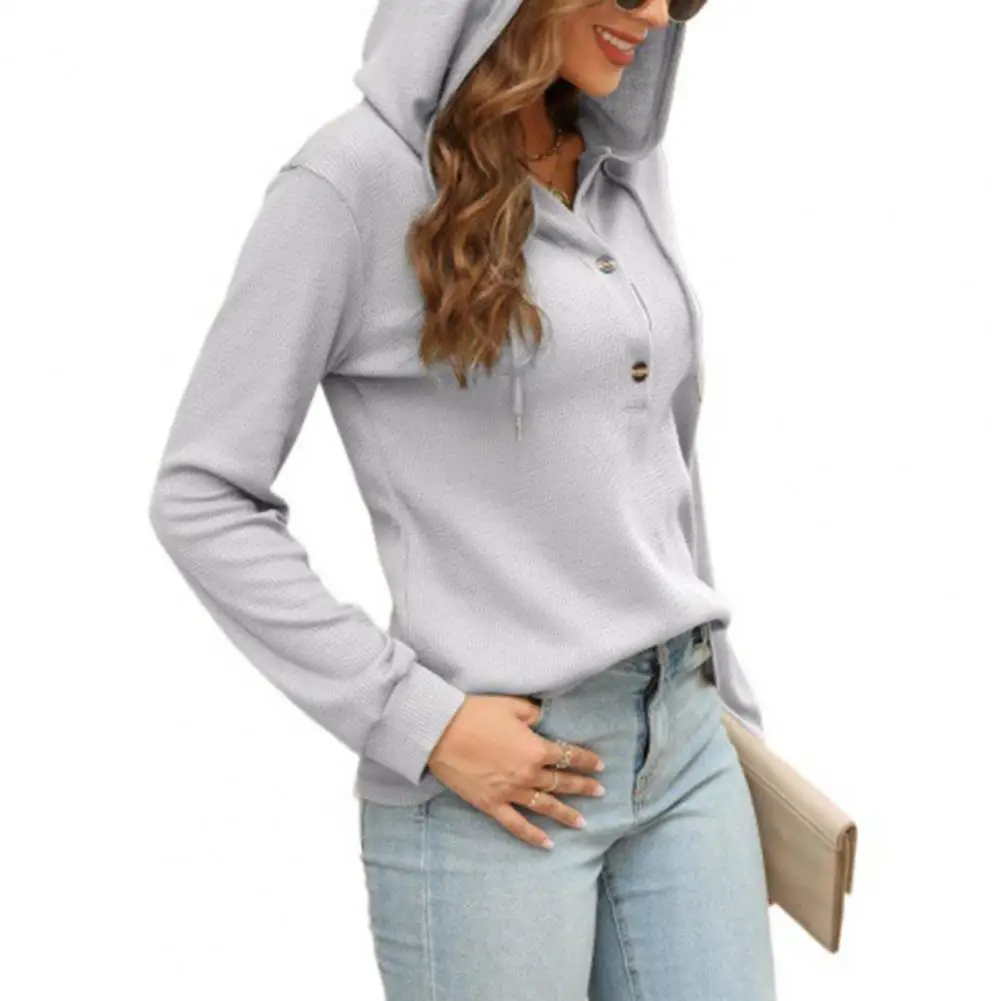 

Soft Women Top Soft Waffle Texture Hoodie Pullover for Women Drawstring Hooded Long Sleeve Top with Button Decor Breathable