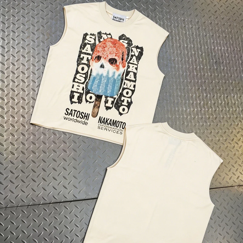 26SS American Street Satoshi Nakamoto Tank Top Sleeveless Vest Men Women Melting Ice Lolly Letter Print Y2K T Shirt Clothing