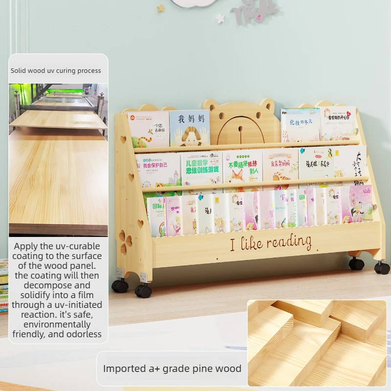 Solid Wood Floor Bookshelf, Multi-Tier Wall Lean Picture Book Rack, Waterproof Magazine Holder for Home & Kindergarten