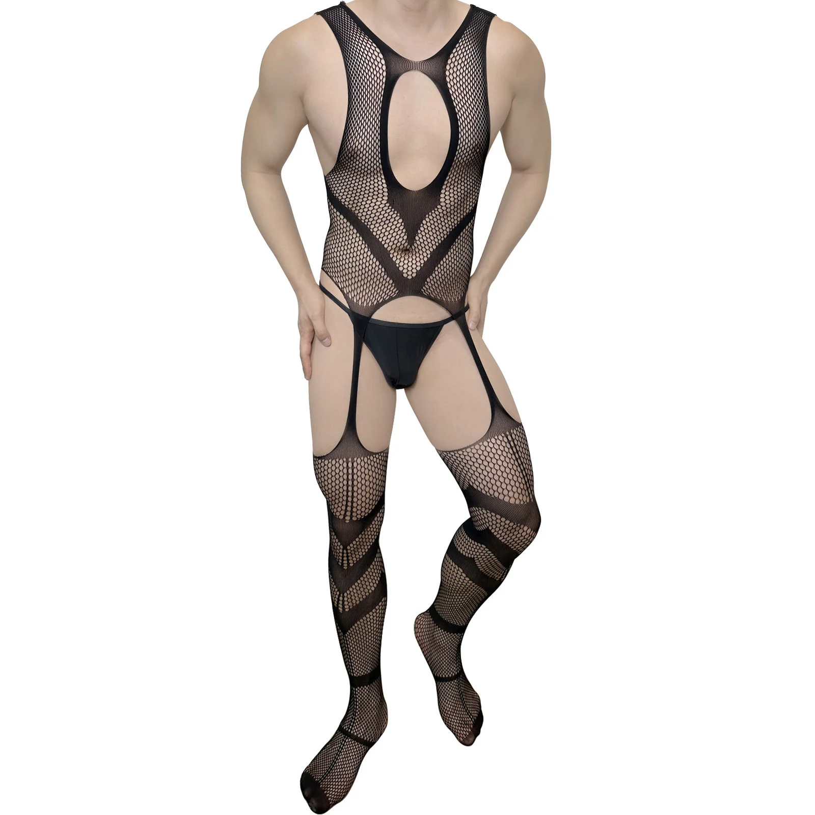 CLEVER-MENMODE Men Sexy Fishnet Bodysuit Jumpsuit Pantyhose Suspender Stockings Crossdress Garter Belt Lingerie Crotchless