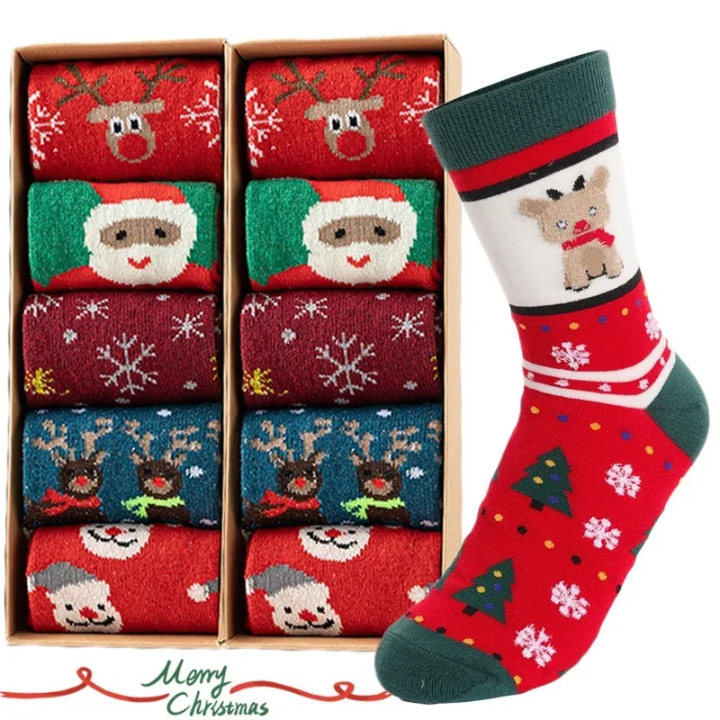 

New Kawaii Cartoon Christmas Socks Women Lovely Winter Thick Warm Middle Tube Socks Cute Elk Snowflakes Funny Sock New Year Gift