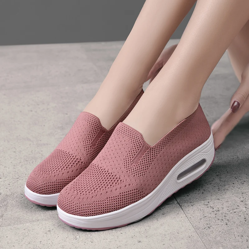 Classic air cushion increase Women\'s Mesh Breathable Loafers Sneakers Solid Color Front Summer Walking Casual Shoes White Shoes