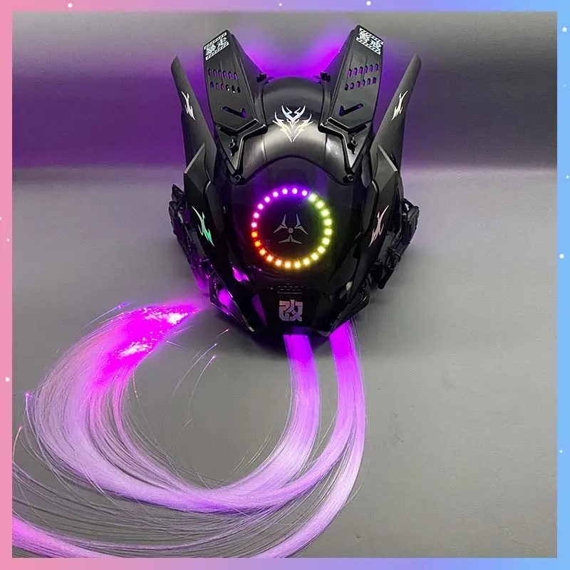 Cyber Punk Mask Cosplay Mech Warrior Mask With Light Circle Halloween Costume Carnival Party Bar Performance Photography Props