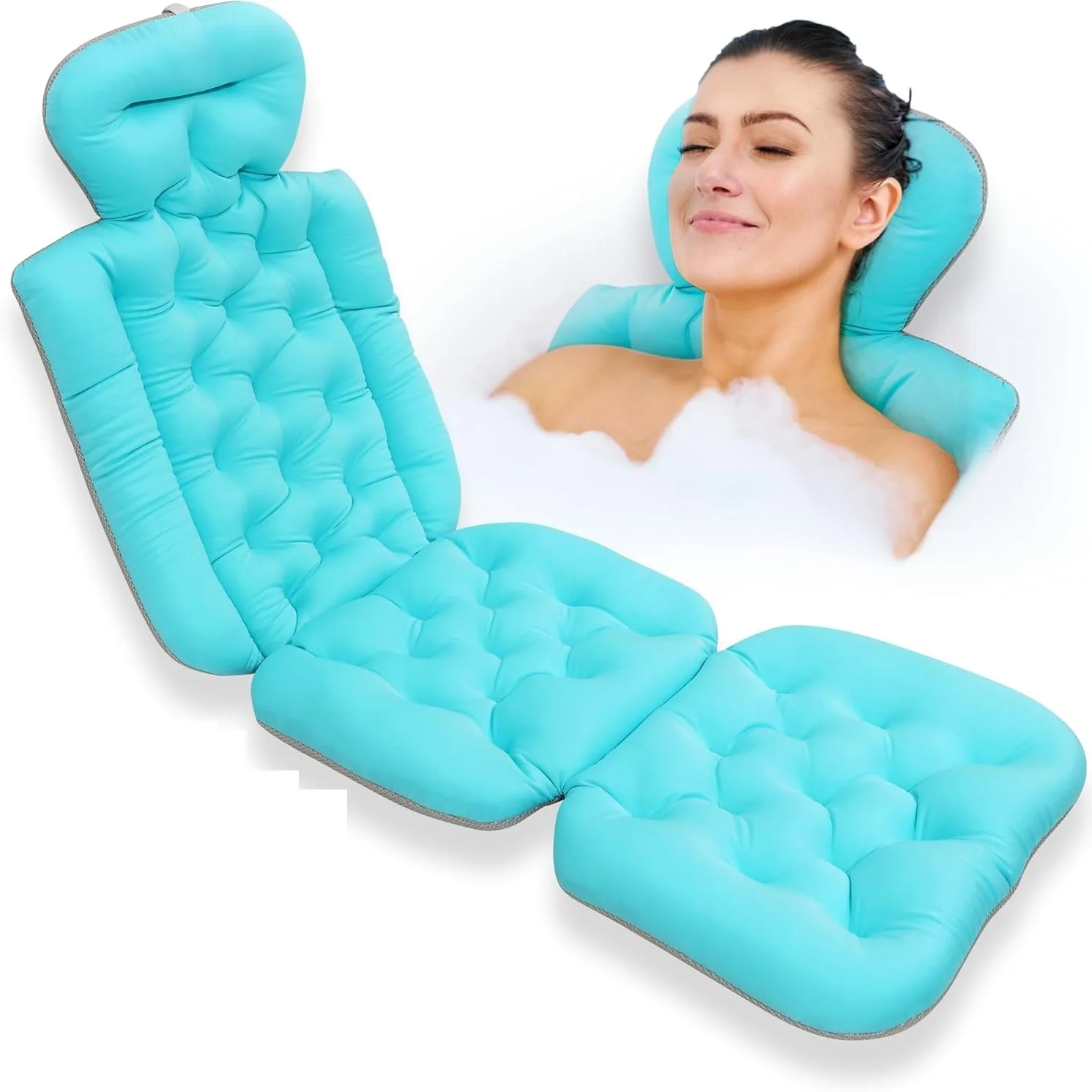 Bathtub Pillow for Full Body Bath Pillow, Thick Bath Cushion for Tub with Foam Beads & Secure Suction Accessories, 127 X 38 cm