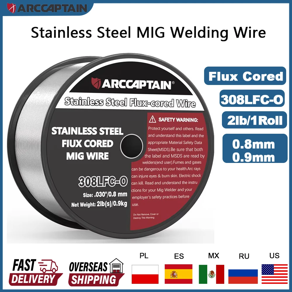 Fio com núcleo de fluxo de aço inoxidável ARCCAPTAIN 308LFC-O 0,8 0,9 mm 1 rolo de 2 libras Fios de soldagem MIG Fios de máquina de solda com núcleo