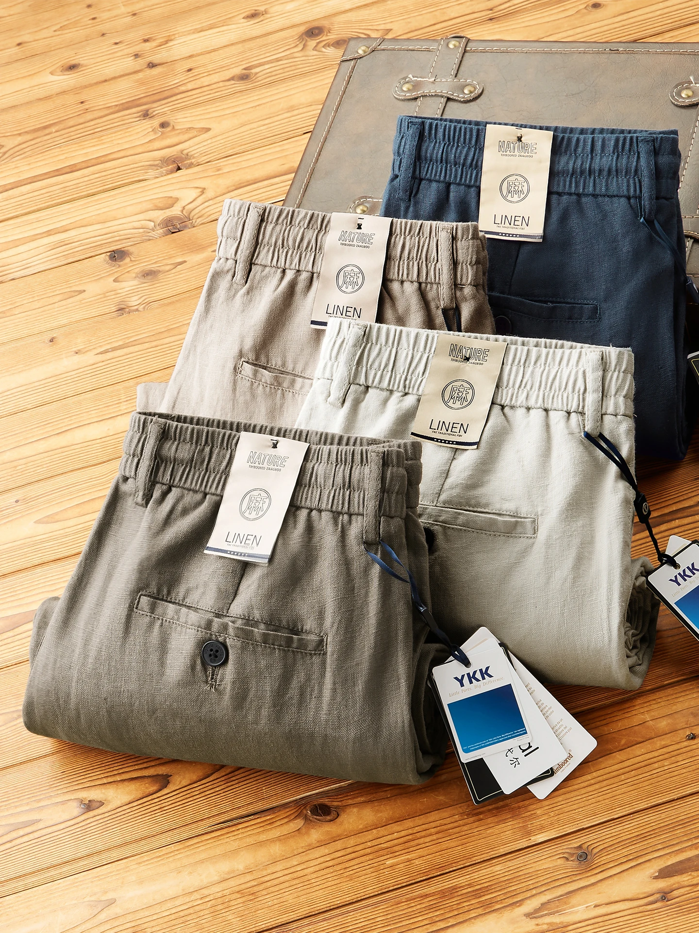 

High-End 00% Pure Linen Loose Straight Casual Pants Men Summer Thin Breathable Linen Elastic Waist Rope Long Trousers