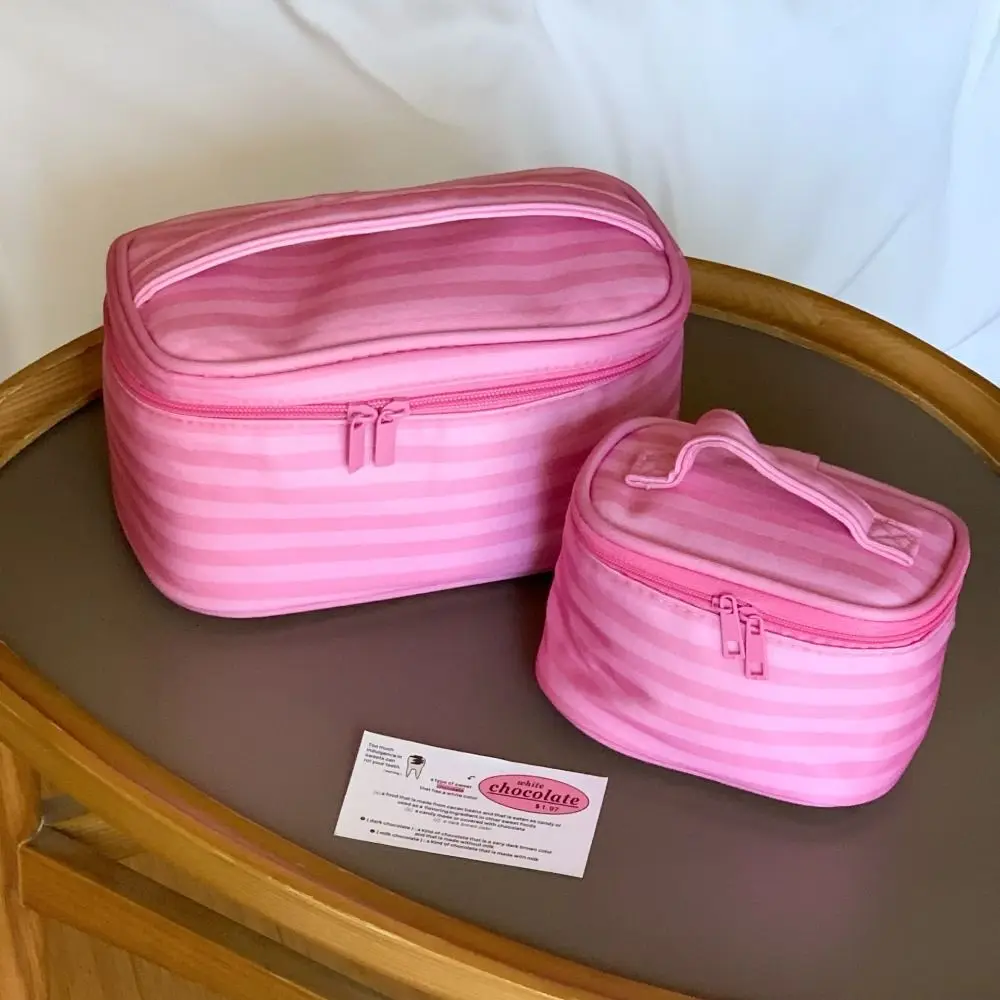 New Pink Stripe Makeup Bag Large Capacity Handheld Toiletry Bag with Mirror Lightweight Cosmetic Storage Bag Women