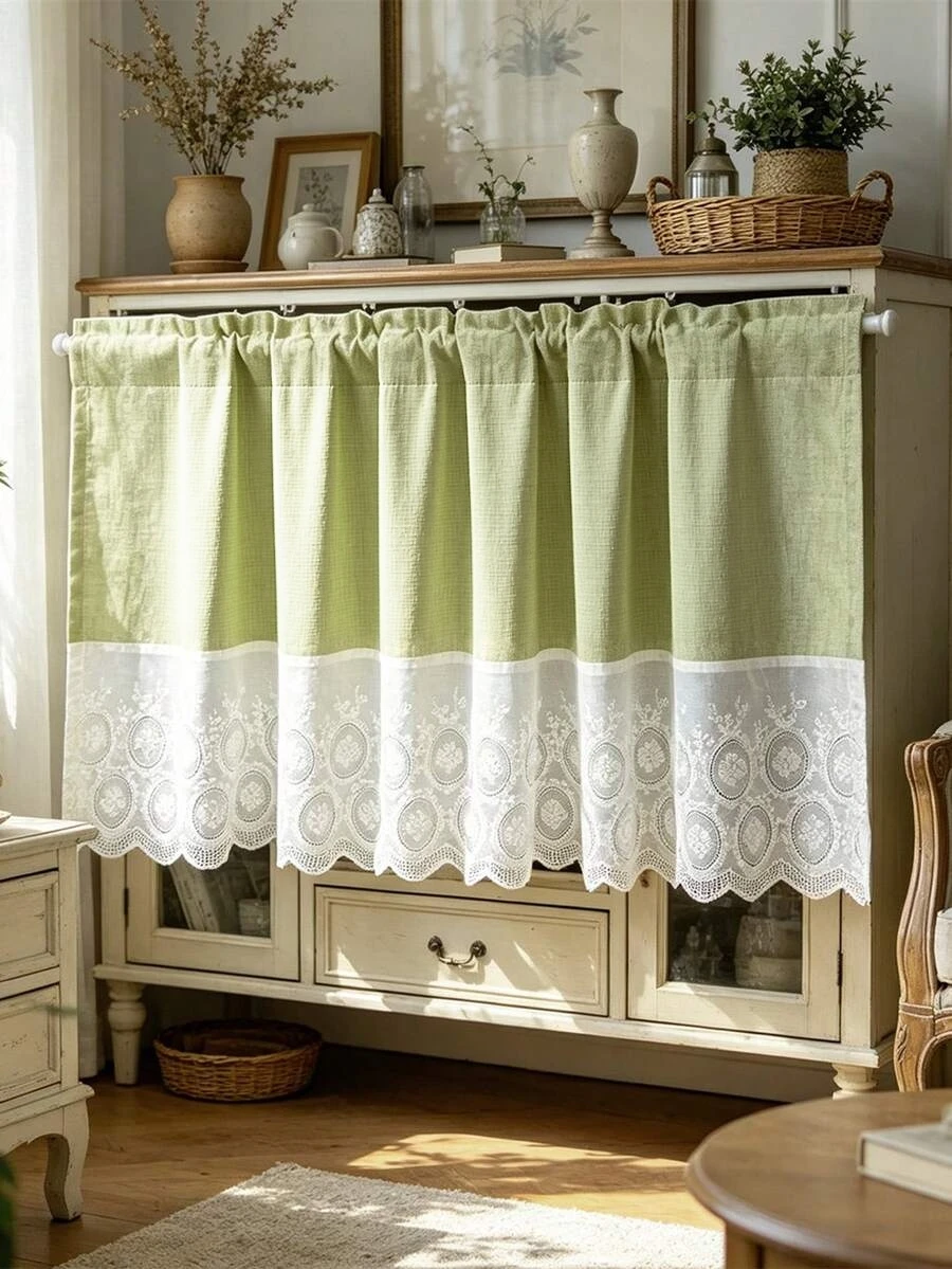 1pc or 2pcs Green Linen Tier Cafe Curtain With Beaded Tassel For Cabinet, Pantry, Bathroom, Rod Pocket Short Half Window Curtain