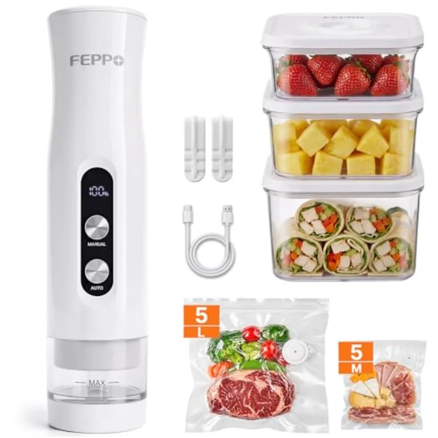 

Compact vacuum sealer for kitchen use, ABS plastic body, black color, anti-overflow design with 10 reusable bags included