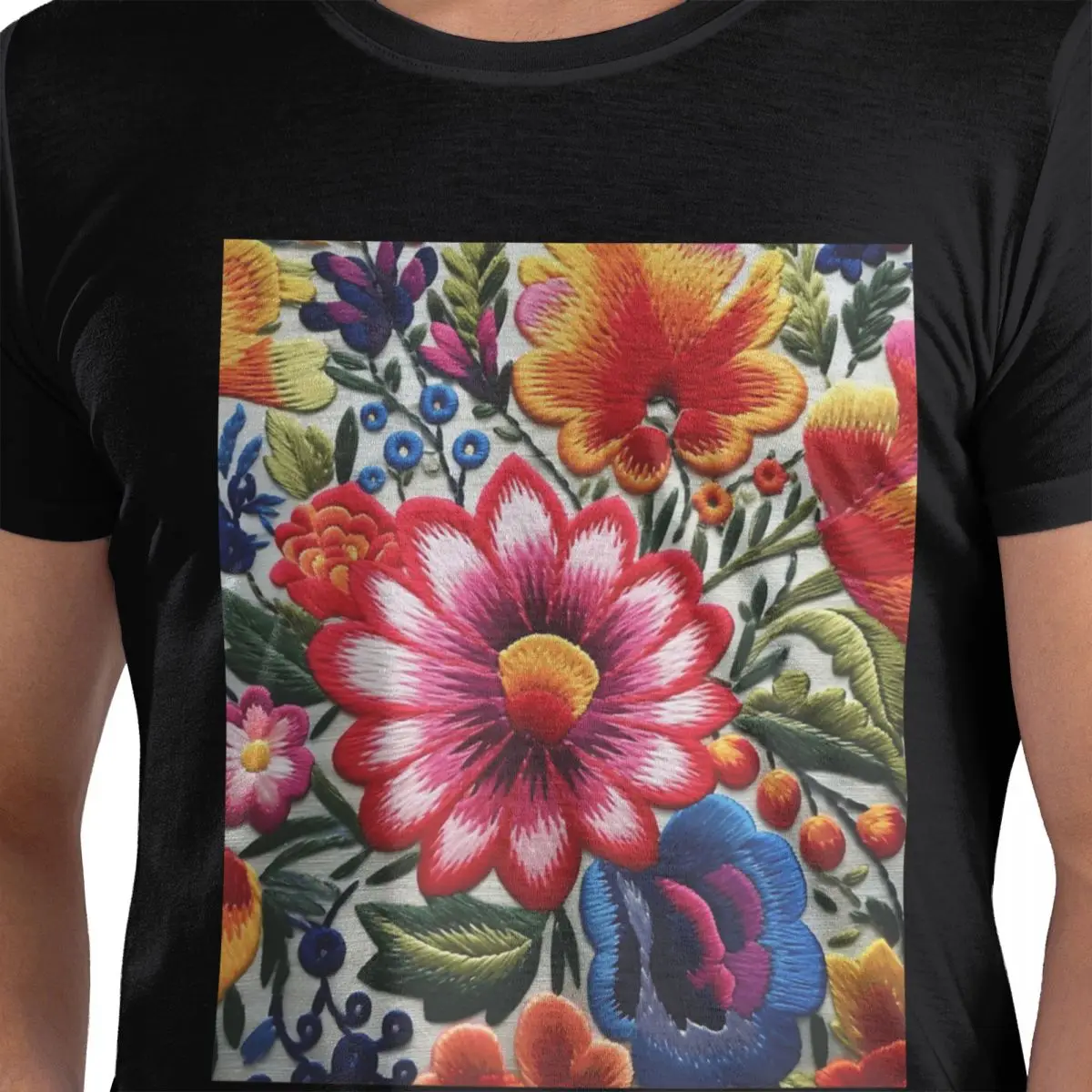 

Colorful Mexican Floral Embroidery 100% Cotton T-Shirt Men's Classic T Shirts Men O-Neck Short Sleeve S-6XL