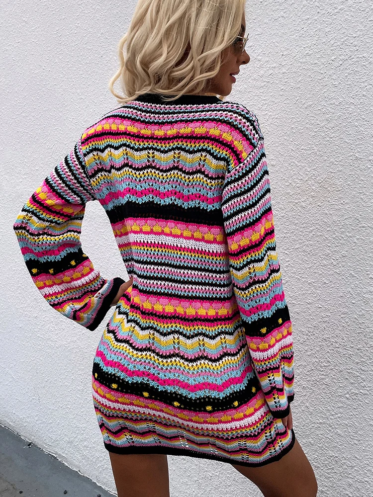 Autumn Winter Knitted Short Dresses For Women Fashion Rainbow Striped Sweater Dress Loose Black Hollow New In Dresses 2023