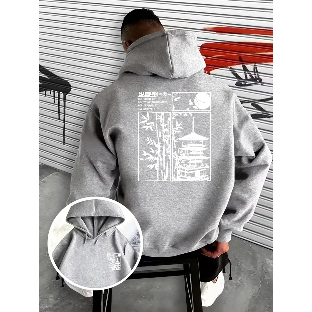 Japanese-style Temple Bamboo Rayon Forest Illustration Print Men's Hooded Sweatshirt Double-Sided Creative Print on Front