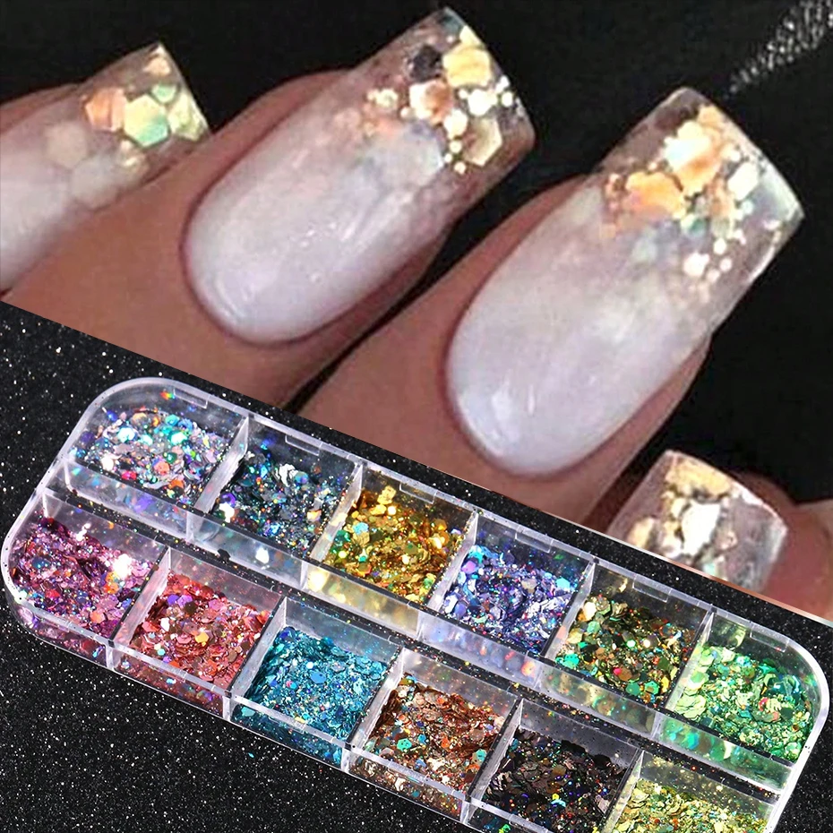 12 Grids Iridescent Nail Art Sequins Laser Mirror Hexagon Glitter Flake Paillette Holographic Spangles DIY Manicure Decor Slices