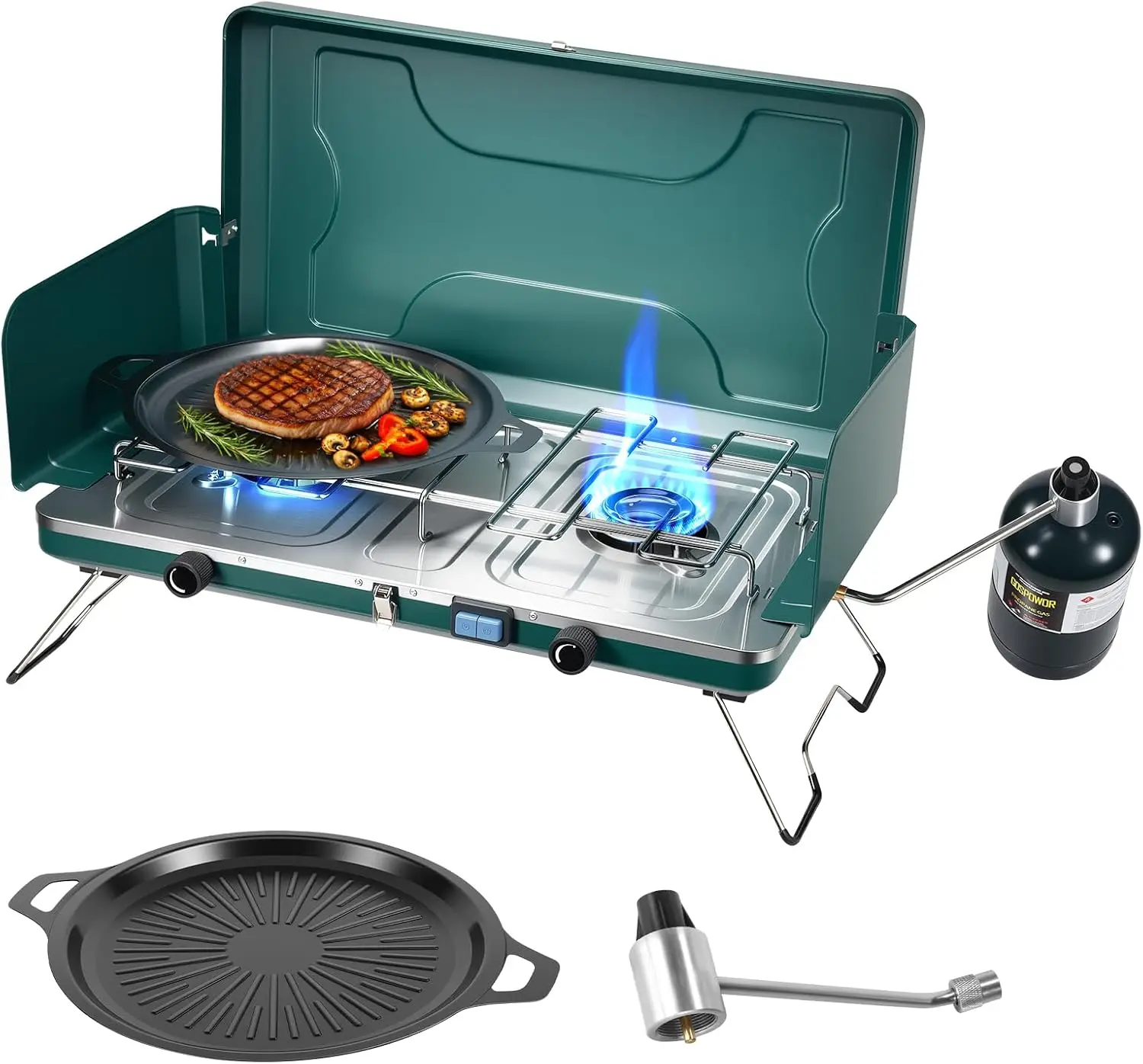 Portable 2-Burner Propane Camping Stove, 20000BTU Outdoor Cooktop with Dual Adjustable Burners, Wind Guards, Ignition and Griddle, Ideal for Camping, Tailgating, BBQ, Grilling and Outdoor Gear