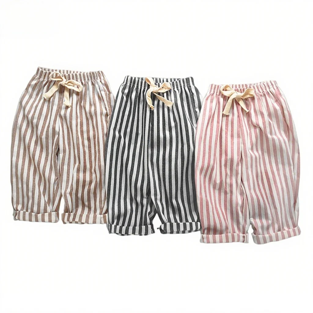 

Kids Boy Girl Striped Cotton Linen Casual Pants Spring Summer Autumn Loose Drawstring Korean Style Trousers Baby Child Clothes