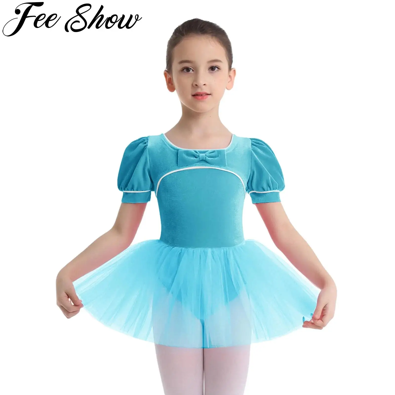 

Платье для балета и танцев для девочек, бархатное тюлевое платье-пачка с короткими пышными рукавами, гимнастическое трико для фигурного катания, балерины, платья для занятий йогой