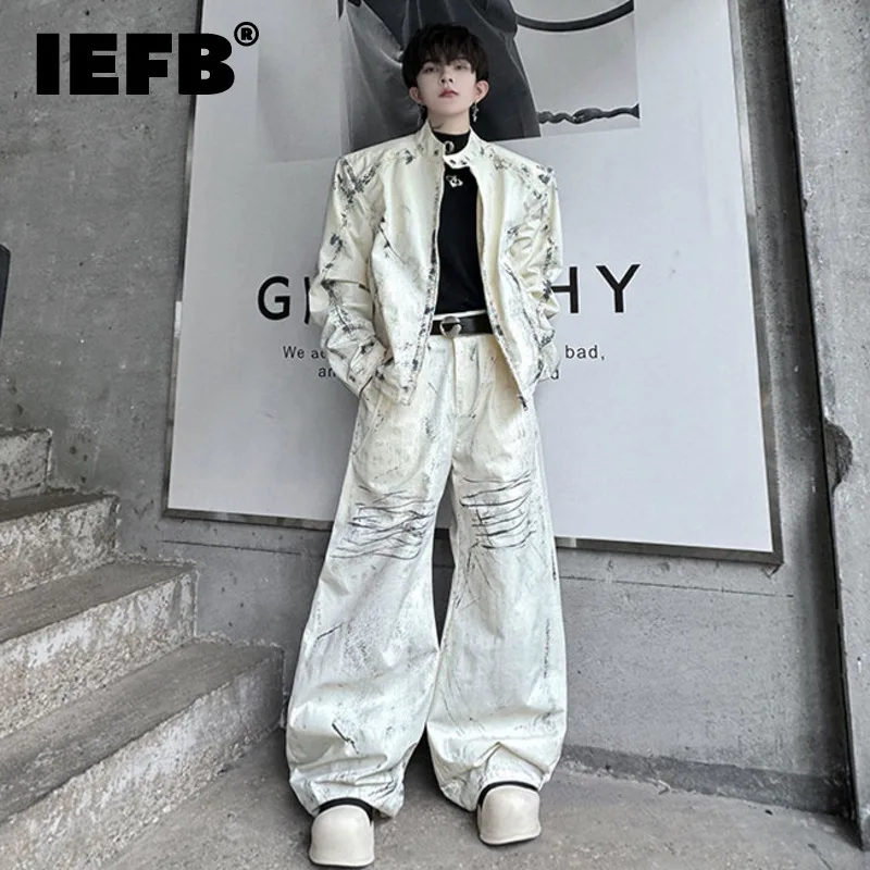 

IEFB Niche Design Men's Suits Stand Collar Hand Painted Worn-out Male Jacket Straight Wide Leg Trousers Stylish Sets 2024 9C7967