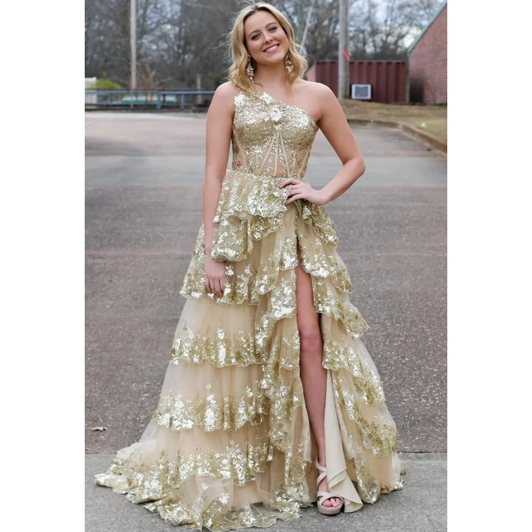 

One Shoulder Layered Evening Dresses Woman Lace Bodice vestidos de noche with Slit Prom Dress Graduation Party Gowns Customized