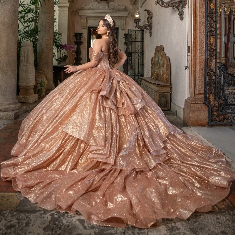 Rose Gold Shiny Quinceanera Dresses Ball Gown Off Shoulder Beading Bow Tull Birthday Payty Sweet 16 Dress Vestidos De 15 Anos