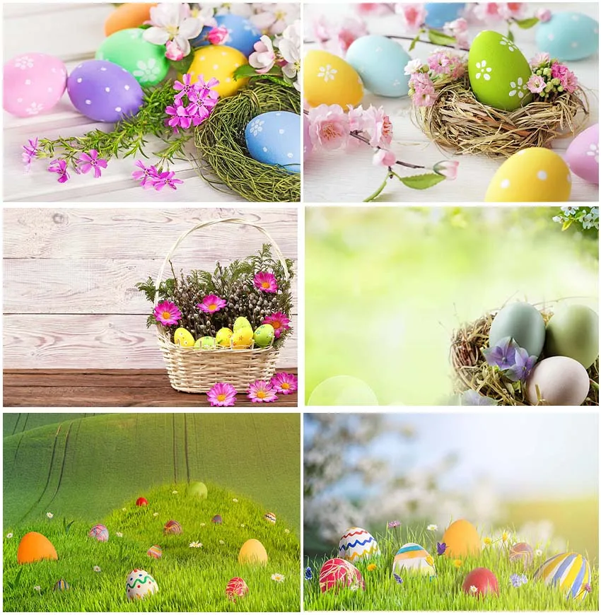 

Spring Happy Easter Flowers Blossoming Backdrops Photographic Basket Eggs Haystack Backgrounds Grassland Banner Birthday Decor