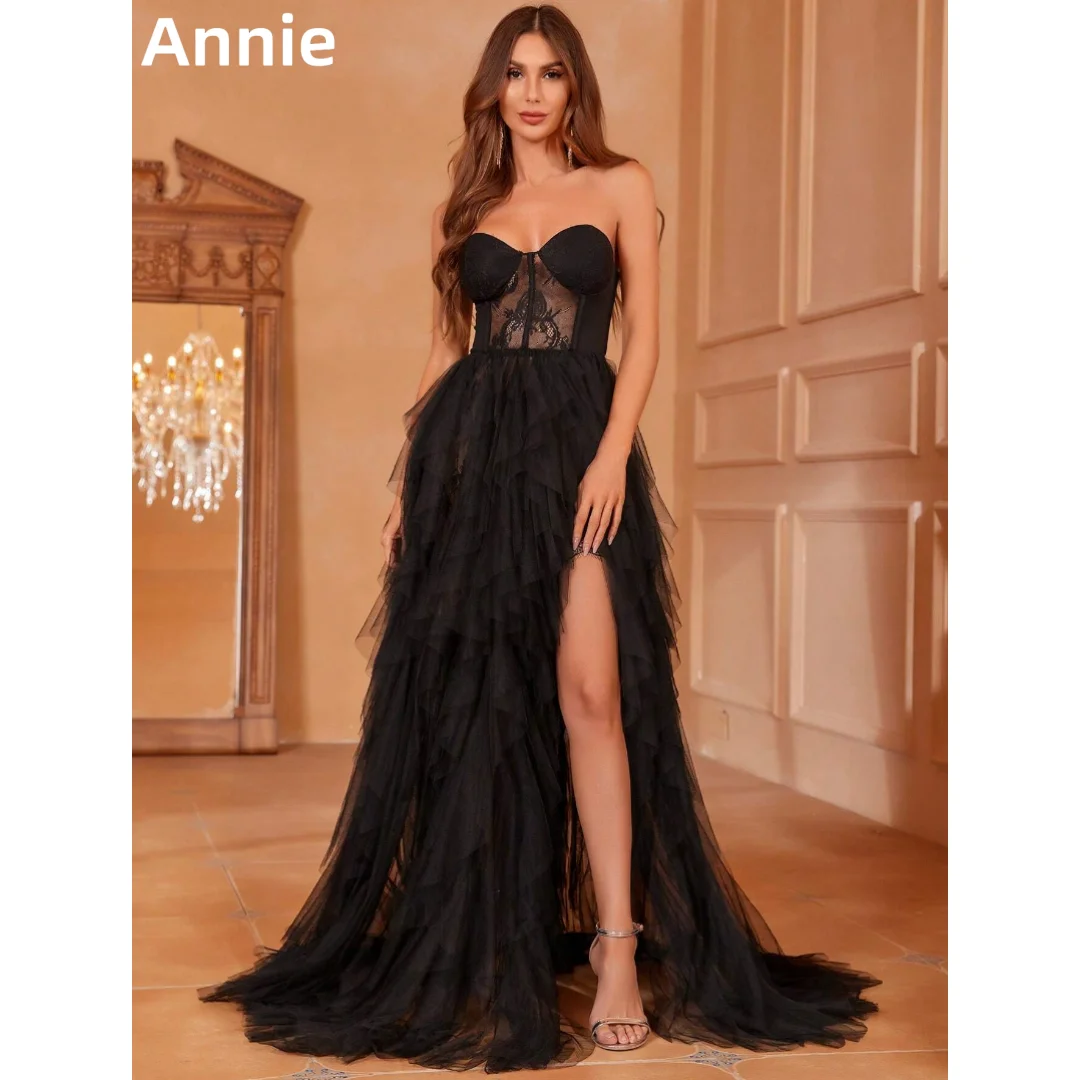 

Annie Black Robes De Soirée Lace Tulle Layering Prom Dresses Strapless Side Slits Evening Dresses Women Wedding Party Dress