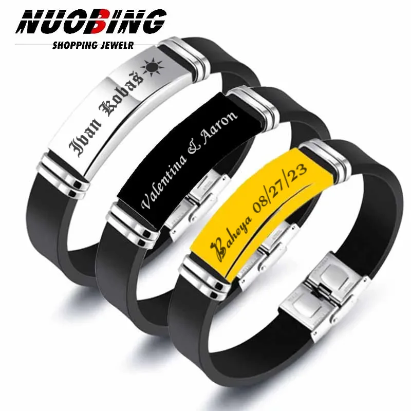 Stainless Steel Men's Wristband Black Silicone Punk Casual Bracelet Accessory Customized Son Daughter Father's Day Gift