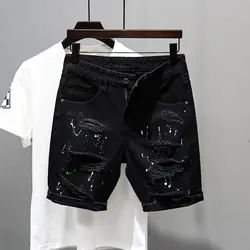 Fashion Summer New Casual Denim Jeans Knee Length Shorts for Men Black Cowboy Low Rise Ripped Holes Boyfriend Men's Denim Shorts