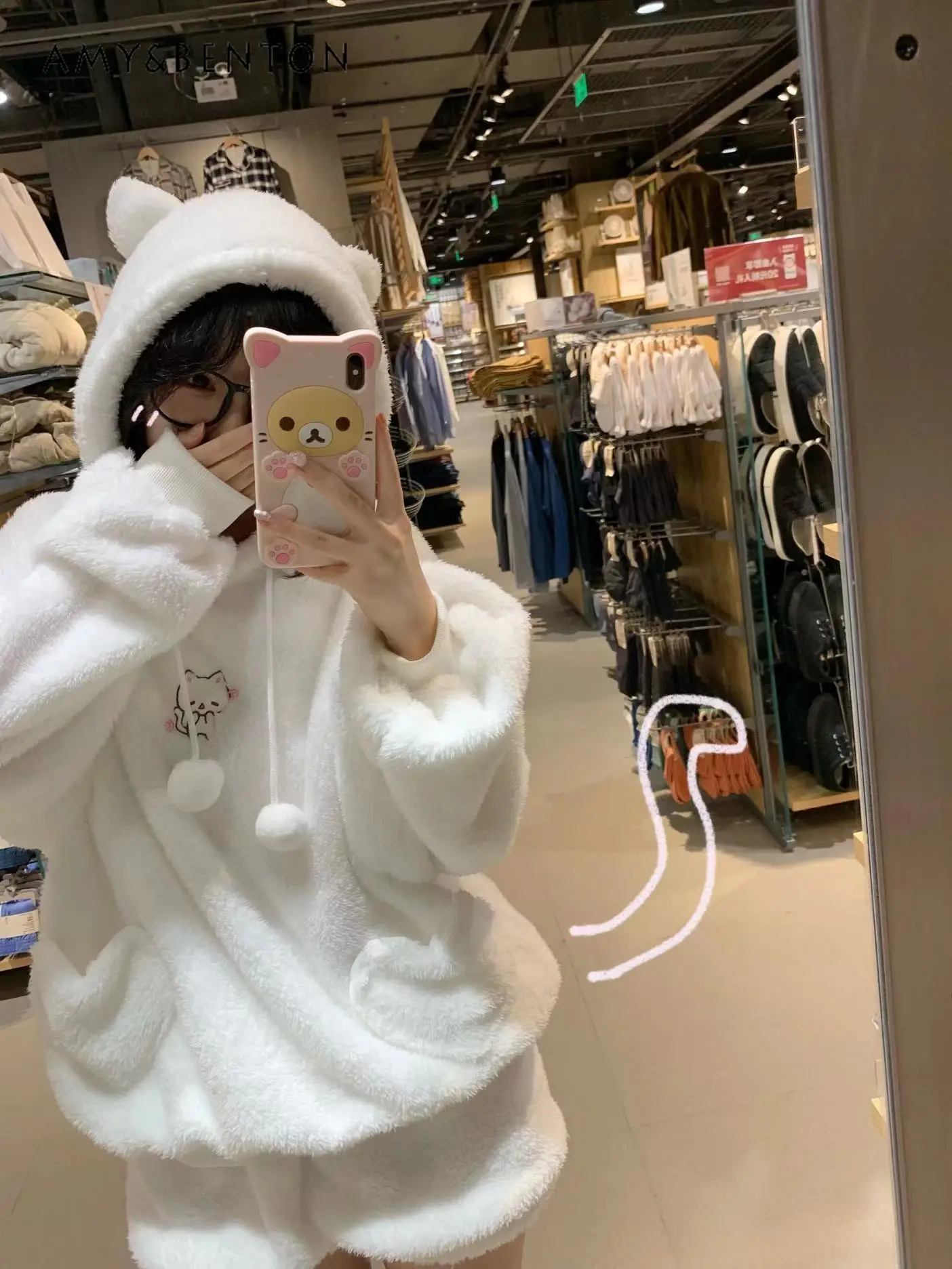 Winter Sweet Cute Printed Double-Sided Plush Pajamas Set Kawaii Embroidery Cat Ear Hooded Sweatshirt Loose Short Sleepwear Women