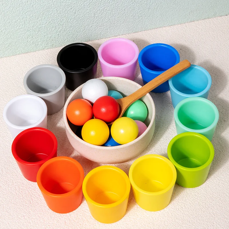 Baby Montessori Color Recognition Classification Cups Wooden Rainbow Ball Early Learning Educational Desktop Games Toys Gift