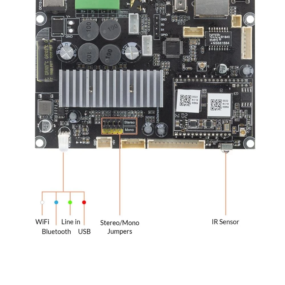 Up2Stream Amp V4 Wireless Audio Amplifier Board Stereo DAC Decoder Audio Receiver WiFi and Bluetooth 5.0 / Bi-amplifier board