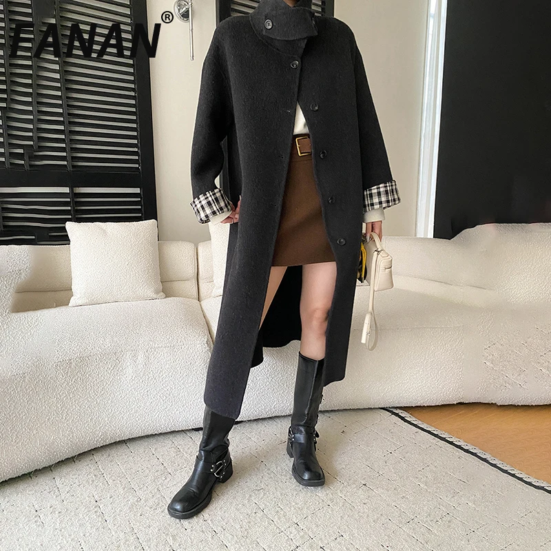 

FANAN Elegant Wool Long Coats For Women Stand Neck Single Breasted Office Lady Temperament Outwear Female Clothing Winter New