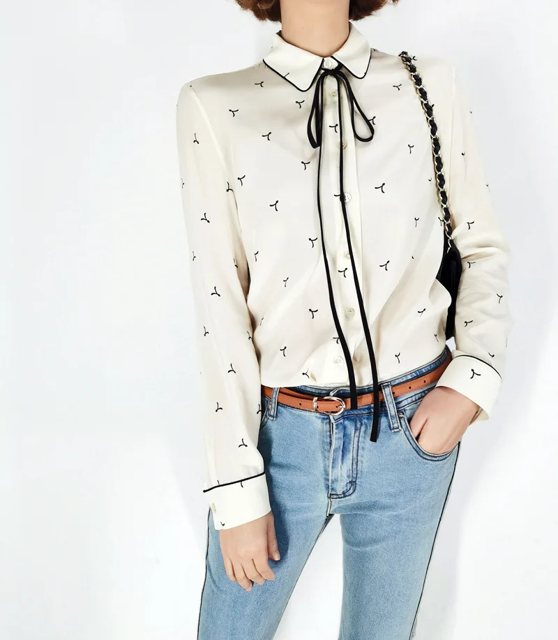 Birdtree 100%Real Silk Women Lace-up Shirt Bow Collar Vintage Print Long Sleeve Commute Blouse Office Lady 2024 Spring T41115QM