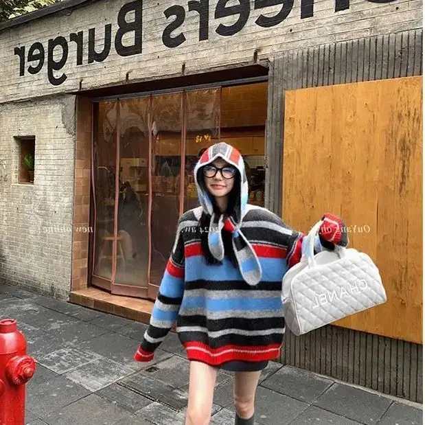 

Retro Sweater Detachable Hooded Lazy Style Striped Sweater Color Block Sweater Women Retro Loose Trendy