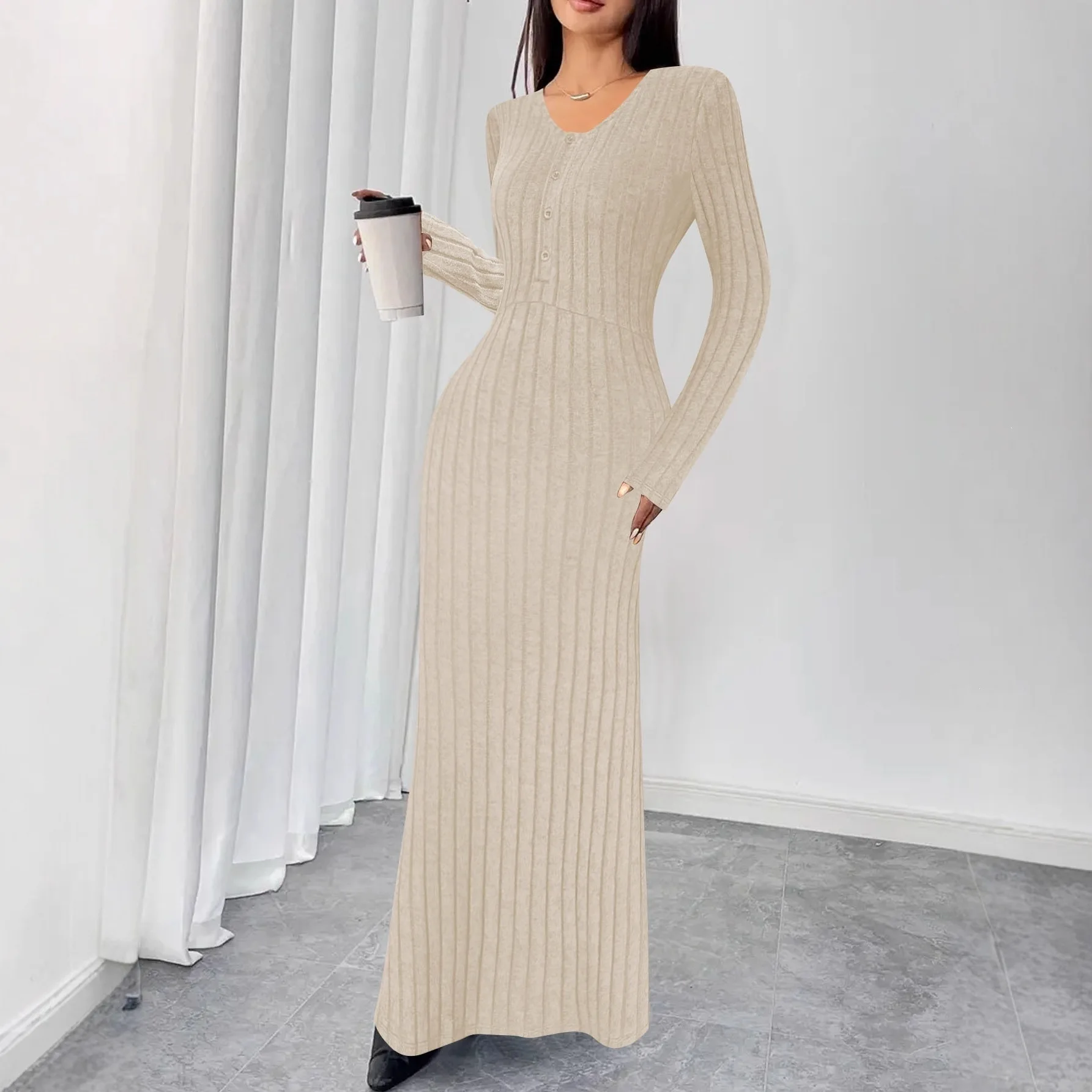 Elegant V-Neck Long Dress Fashionable Dress  2026 new Autumn Winter Fluffy Strip Pattern Women's Stripe Maxi Dress