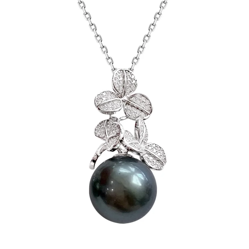 TahitianBlack Round Pearl Pendant 925 Silver Necklace AAAA 13-14mm  Women's Moissanites Seawater Pearl Necklace Jewelry