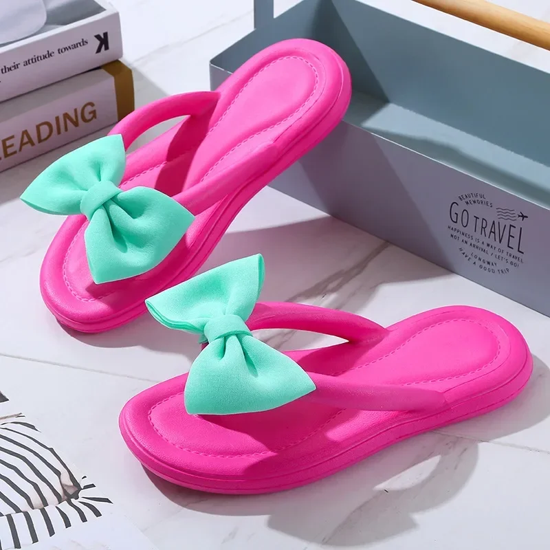 

Korean Bowtie Flip Flops Female Soft Sole Cloud Slippers Shoes Woman 2023 Summer Platform Flat Heels Sandals Women Slides