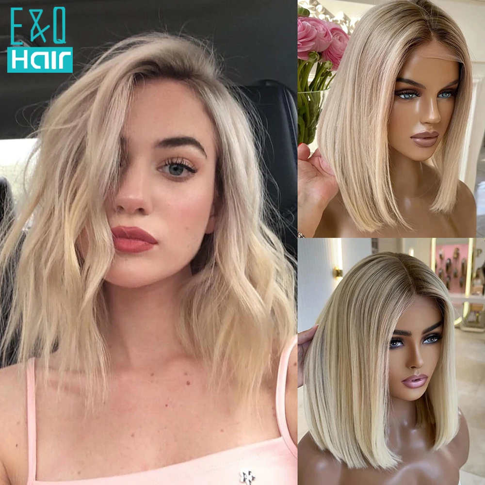 Волосы EQ Короткие Прямые Боб 100% Парик Человеческих Волос Balayage Ombre Пепельно-Блондинка 13x4 Парики Человеческих Волос на Шнуровке Для Женщин Предварительно Сорванные Волосы EQ Короткие Прямые Боб 100% Парик Человеческих Волос Balayage Ombre Пепельно-Блондинка 13x4 Парики Человеческих Волос на Шнуровке Для Женщин Предварительно Сорванные