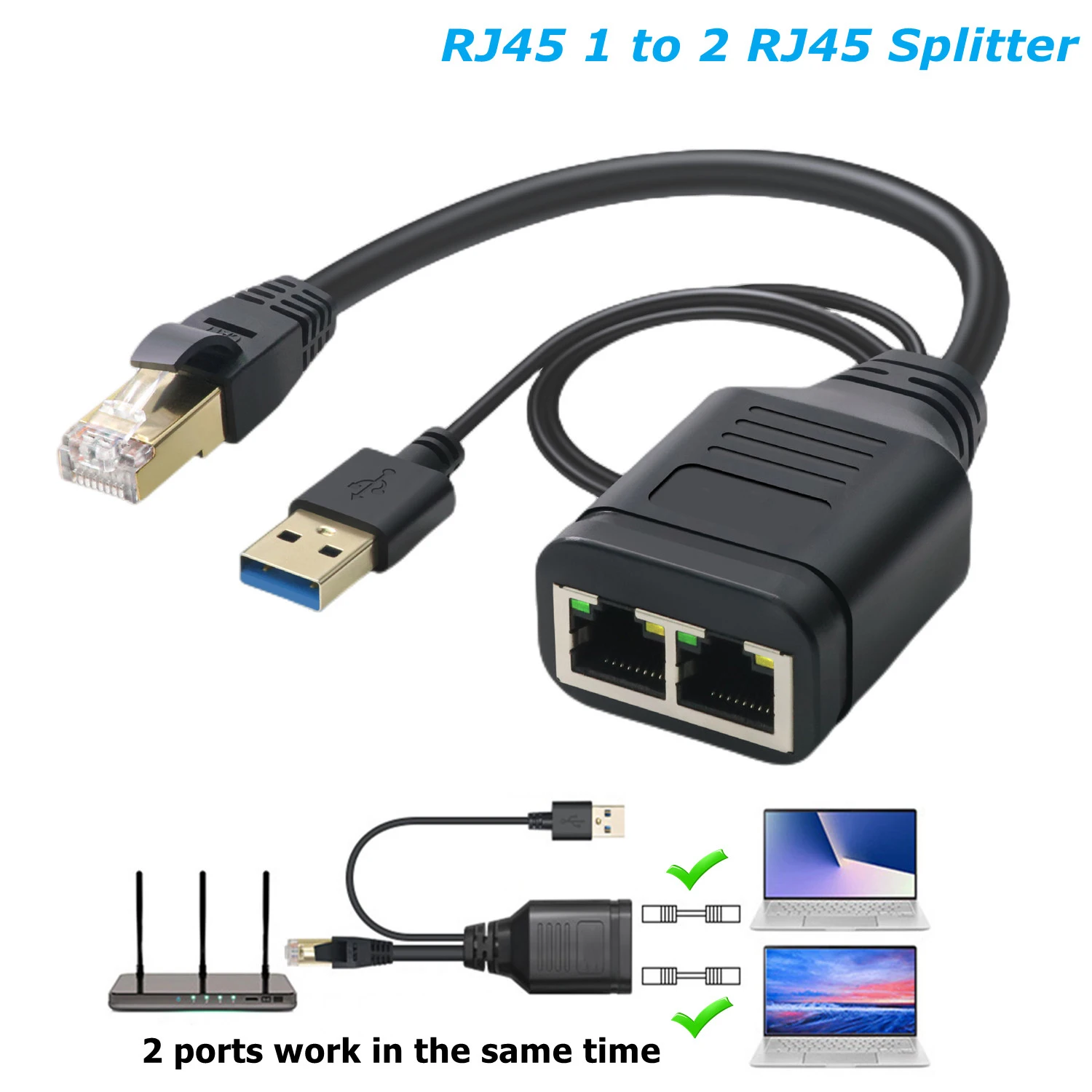 1 to 2 Ethernet Adapter RJ45 Splitter Internet Network Cable Extender RJ45 Connector Coupler for PC TV Box Router Cat6 USB Power