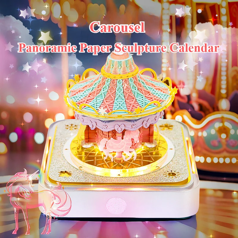 Romantic Carousel Panoramic Paper Sculpture 2025 Calendar Three-dimensional Note Book Gift Desktop with Light Ornaments