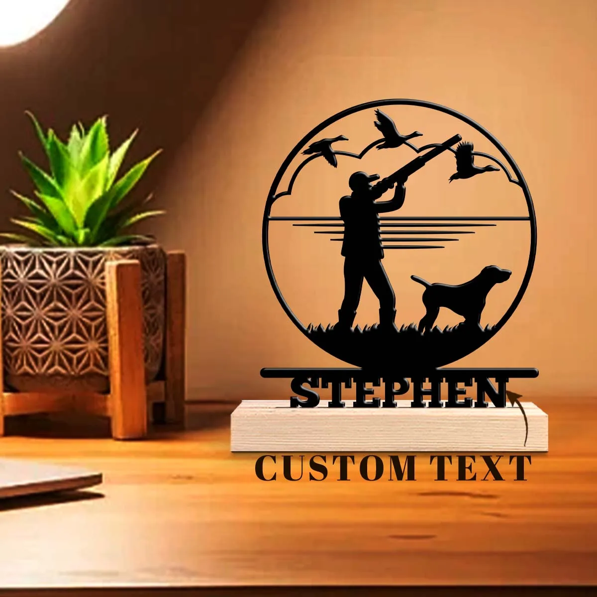 1pc Customizable Metal Desktop Ornaments Custom Content With Wooden Base New Home Gift for Friends,Decorative Ornaments