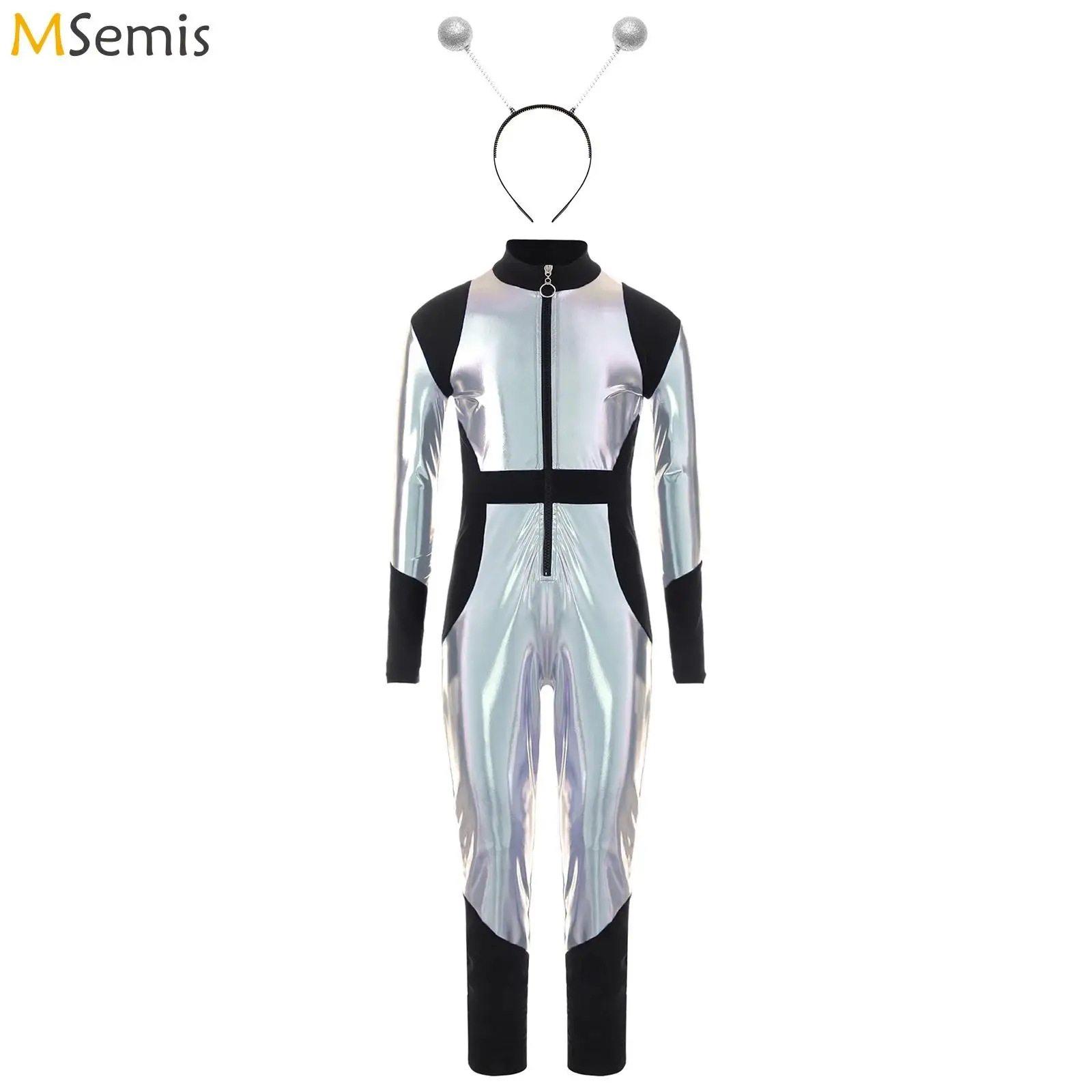 

Girls Shiny Metallic Alien Outer Space Cadet Cosplay Costume Zipper Astronaut Jumpsuit Halloween Athletic Robot Bodysuit