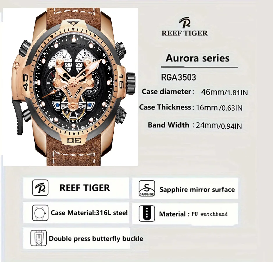ساعة ميكانيكية للرجال من ريفتايجر، أوتوماتيكية بالكامل متعددة الوظائف بتقويم مزدوج، ساعة رجال الأعمال، ساعة رجالية RGA3503