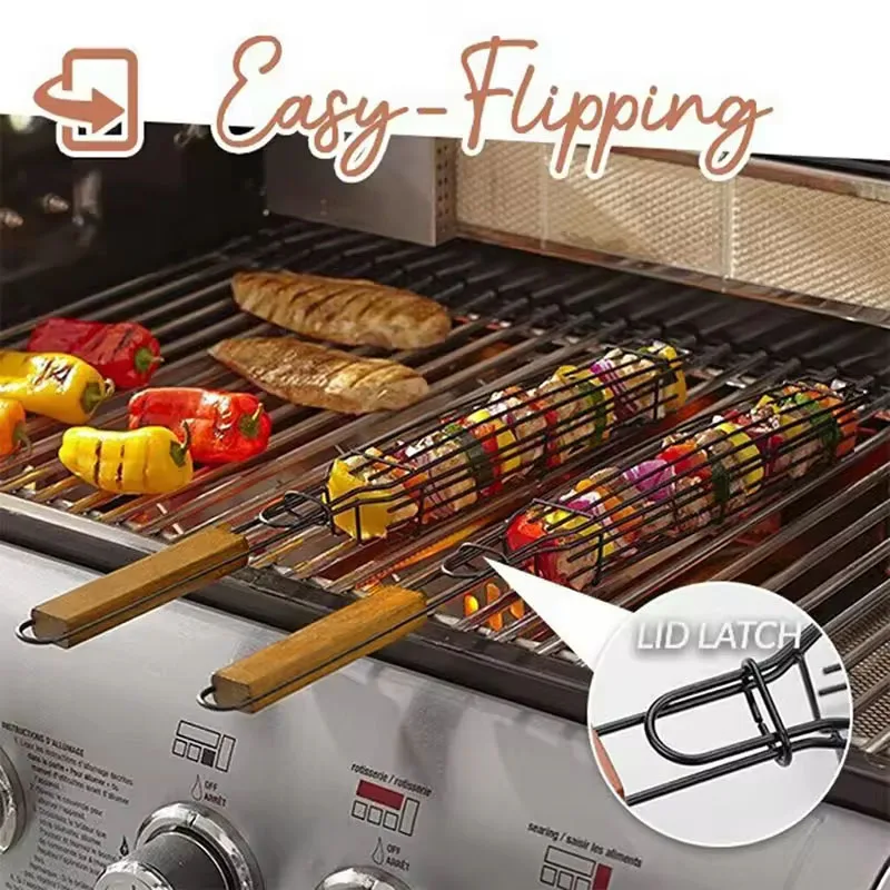 

Non-Stick Kabob Grill Basket Carbon Steel with Wood Handles Portable BBQ Grilling Basket Outdoor Roasting Meat Accessories