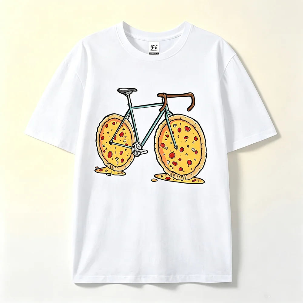 Unisex Funny Pizza Graphic T‑Shirt Novelty Pizza Wheel Bike Print Short Sleeve O‑Neck Casual Tee Top Food Lover Daily Wear Gift